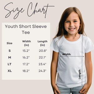 The image is a size chart for a youth short sleeve t-shirt, showing the measurements for different age groups.