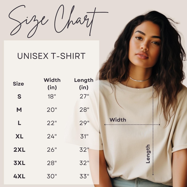The image is a size chart for a unisex t-shirt, showing the different sizes available and their corresponding measurements.