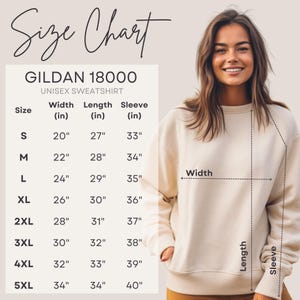 The image is a size chart for a GILDA 18000 unisex sweatshirt. The chart provides measurements for different sizes, including S, M, L, XL, 2XL, and 5XL, along with corresponding widths and sleeve lengths. The chart also includes a diagram of the sweatshirt, which shows the measurements and corresponding widths.