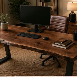 May include: A large rectangular desk featuring a thick, dark brown natural wood slab top with a live edge, supported by two black metal trapezoidal legs. The desk surface holds a computer monitor, a black keyboard, a mouse, and two stacked notebooks.