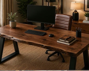 Wooden Desk | Home Office Desk | Resin | Trapezium Leg,  | Computer Desk | Industrial Desk | Solid walnut | Handmade | Work Fromhome