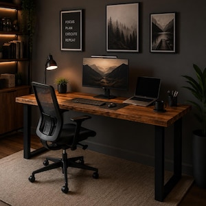 Puede incluir: Un espacio de trabajo con un escritorio rectangular de madera con patas de metal negro, una silla de oficina de malla negra, un monitor de computadora con un paisaje de montaña, un portátil, un teclado, un ratón y una lámpara de escritorio.