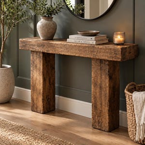 May include: A rectangular console table crafted from weathered brown wood with a thick top and two sturdy block legs. The table surface holds a speckled ceramic vase with greenery, two stacked books titled The Kinfolk and Live Beautifully, and a glass candle.