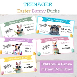 Editable Teen Bunny Bucks | Easter Egg Fillers Stuffers | Teen Easter Egg Hunt | Instant Download | Editable in Canva | Easter Basket