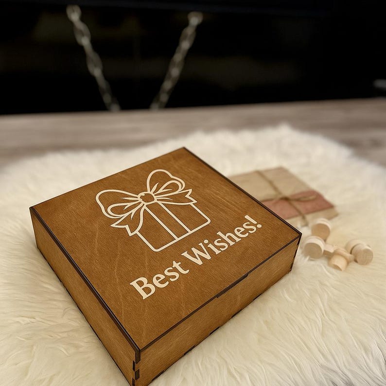 Peut inclure: Une bo&icirc;te cadeau carr&eacute;e en bois avec un motif de cadeau et de n&oelig;ud grav&eacute; au laser, et les mots "Best Wishes!" en blanc. La bo&icirc;te est sur une surface blanche et moelleuse, avec d'autres cadeaux et des pi&egrave;ces en bois en arri&egrave;re-plan.