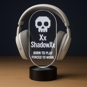 Personalized LED Headphone Stand - Retro Gamer Skull RGB Light - Custom Gamer Gift - Headset Holder for Gaming Desk Setup