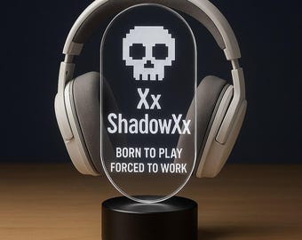 Personalized LED Headphone Stand - Retro Gamer Skull RGB Light - Custom Gamer Gift - Headset Holder for Gaming Desk Setup