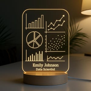May include: A rectangular, illuminated desk lamp with a wooden base. The clear acrylic front displays various data charts and graphs. The lamp is personalized with the name "Emily Johnson" and the title "Data Scientist".