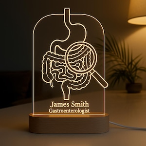 Gastroenterologist Custom Night Light – Personalized Engraved Acrylic Lamp with Wooden LED Base – GI Doctor Gift Graduation Medical