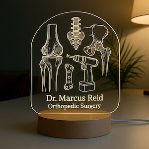 Orthopedic Surgeon Custom Night Light Personalized Gift with Laser Engraved Design and LED Wooden Base