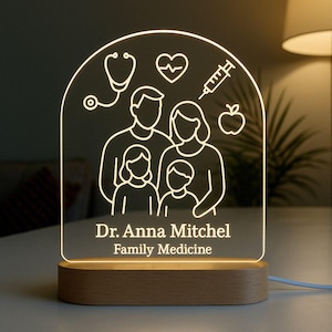Family Medicine Doctor Custom Night Light Personalized Gift with LED Base and Laser Engraved Acrylic Design