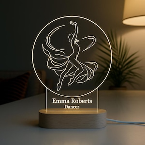Dancer Custom Night Light | Personalized LED Gift with Laser Engraved Acrylic Design and Wooden Base