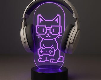 Custom Pixel Art Cat LED Headphone Stand – Personalized Gamer Headset Holder – RGB Desk Decor for Gaming Setup – Gamer Gift Idea