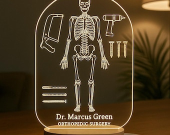 Luz nocturna personalizada para cirujano ortopédico. Regalo LED personalizado con grabado láser y base de madera. Regalo de graduación. Regalo para estudiantes de medicina.