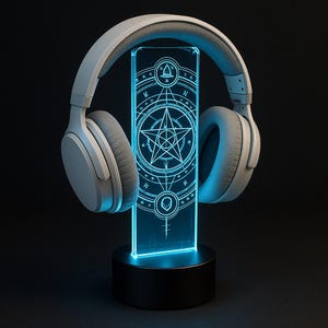 Custom LED Headphone Stand with Magic Spell Circle – Personalized Gamer Headset Holder – RGB Acrylic Light – Custom Gamer Gift
