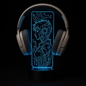 Cyberpunk Anime Gamer LED Headphone Stand – Personalized RGB Headset Holder – Custom Gaming Desk Decor – Gamer Gift with Remote