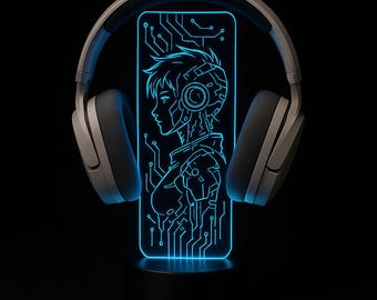 Cyberpunk Anime Gamer LED Headphone Stand – Personalized RGB Headset Holder – Custom Gaming Desk Decor – Gamer Gift with Remote