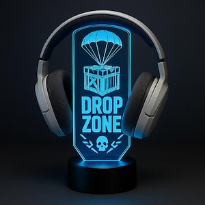 Custom LED Headphone Stand with Gamertag – RGB Battle Royale Drop Crate Design – Gamer Gift – Personalized Headset Holder for Setup
