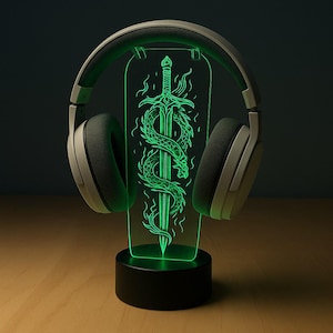 Dragon Sword Fantasy Custom LED Headphone Stand – Personalized Gamer Headset Holder – RGB Gaming Desk Decor – Gift for Gamers