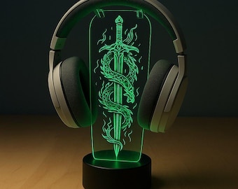 Soporte para auriculares LED personalizado Dragon Sword Fantasy – Soporte para auriculares gamer personalizado – Decoración de escritorio RGB para gaming – Regalo para gamers