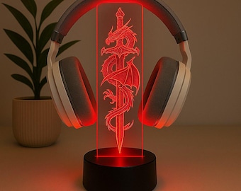 Fantasy Dragon Sword LED Headphone Stand – Custom Gamer Headset Holder – RGB Gaming Desk Decor – Personalized Gift for Gamers