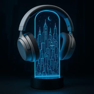 Custom LED Headphone Stand – Futuristic Neon City Design – Personalized Gamer Headset Holder – RGB Gaming Desk Decor – Gift for Gamers