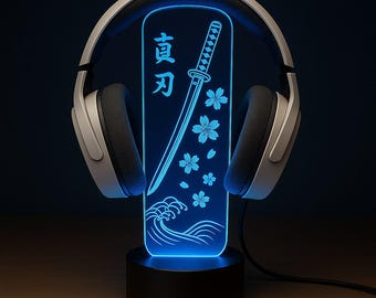 Custom LED Samurai Katana Headphone Stand – Personalized Gamer Headset Holder – RGB Desk Setup Decor – Gamer Gift with Remote