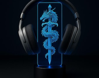 Soporte para auriculares LED con diseño de espada de dragón de fantasía: soporte personalizado para auriculares gamer con control remoto, decoración de escritorio RGB para gaming, regalo gamer personalizado