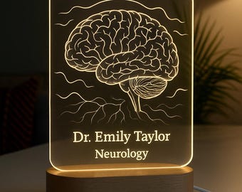 Luz de noche personalizada para neurólogo: lámpara LED personalizada con base de madera y acrílico grabado. Regalo para estudiantes de medicina graduados.