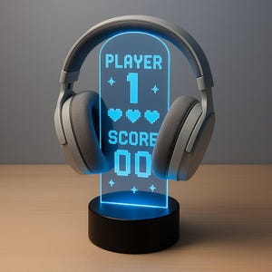 Custom LED Headphone Stand with Scoreboard Design – Arcade Retro Headset Holder – RGB Gamer Gift – Personalized Gaming Desk Decor