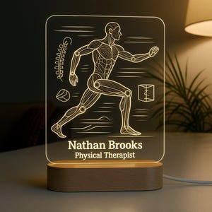 Physical Therapist Custom Night Light Personalized Gift with Engraved Acrylic and LED Wooden Base