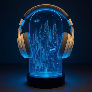 Futuristic Neon City Custom LED Headphone Stand – Personalized Gamer Headset Holder – RGB Gaming Desk Decor – Gamer Gift with Remote