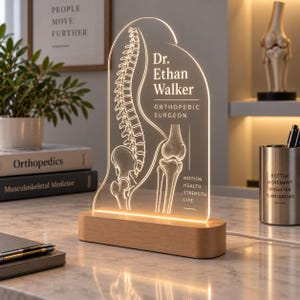 May include: An arched acrylic LED desk lamp with a wooden base, featuring an engraved human spine and knee joint illustration. The text reads Dr. Ethan Walker, Orthopaedic Surgeon, and Motion Health Strength Life, illuminated by a warm light.