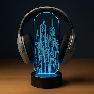 Cyberpunk City Custom LED Headphone Stand – Personalized Headset Holder with Gamertag – RGB Gaming Desk Decor – Gamer Gift