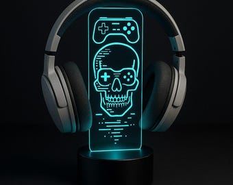 Soporte para auriculares retro gamer con calavera de neón – Soporte LED personalizado para auriculares – Decoración de escritorio gamer personalizada – Regalo gamer con control remoto