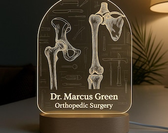Veilleuse LED personnalisée pour chirurgien orthopédiste, cadeau personnalisé avec motif acrylique gravé au laser et base en bois