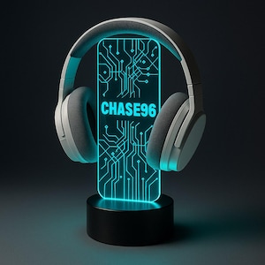 Custom LED Headphone Stand with Hologram Grid – Personalized Gamer Headset Holder – RGB Desk Accessory – Gamer Gift for Him