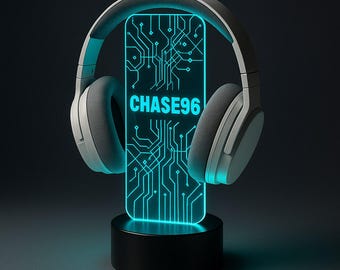 Custom LED Headphone Stand with Hologram Grid – Personalized Gamer Headset Holder – RGB Desk Accessory – Gamer Gift for Him