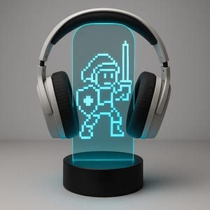 8-Bit Game Hero Headphone Stand – Custom LED Headset Holder with Gamertag – RGB Gamer Desk Decor – Personalized Gaming Gift