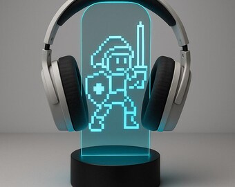 8-Bit Game Hero Kopfhörerständer - LED-Headsethalter mit Gamertag - RGB Gamer Schreibtisch Dekoration - Geschenk für Gamer