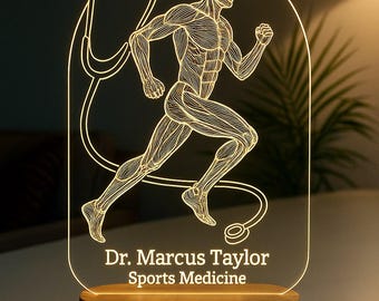 Cadeau LED personnalisé Veilleuse en médecine du sport Docteur en médecine du sport avec acrylique gravé et base en bois