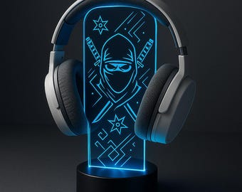 Personalisierter LED Kopfhörerständer mit Gamertag – Stealth Ninja RGB Kopfhörer Halter – Personalisiertes Gaming Schreibtisch Dekor – Gamer Geschenk mit Fernbedienung