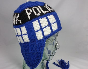 British Time Traveler Cosplay Hat, Police Call Box Hat, Gift for British Sci-Fi Fan, Hand Knit Wool with Angora Lined Ear Flaps