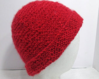 Red Hat, Hand Knit in Handspun Angora, Comfy Red Angora Hat for Him or Her