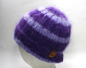 Purple Striped Ribbed Watch Cap, Pure Angora, Hand Spun, Hand Knit in Light and Dark Purple Stripes,  Angora, Warm Hat for Him or Her