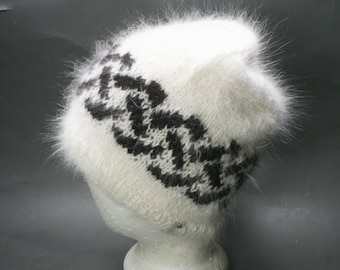 White and Black Angora Hat with Celtic Braid, Hand Spun and Hand Knit Angora Hat, Warm Handknit Hat for Girlfriend, Luxury Hat Gift