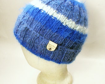 Blue Striped Ribbed Watch Cap, Pure Angora, Hand Spun, Hand Knit in Blue Angora, Warm Hat for Him or Her