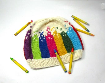 Melting Crayons Hand Knit Wool Hat, Gift for Teacher, Colorful Crayons Hat