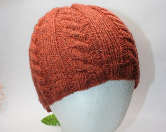 Burnt Orange Cabled Hand, Knit Hat Wool and Alpaca Rust Colored Cabled Hat, Gift for Dad, Husband, Brother, Unisex Cabled Hat