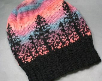 Forest and Sunset Hand Knit Hat,  Hand Knit Wool Hat, Outdoorsy Woodland Hand Knit Hat Gift